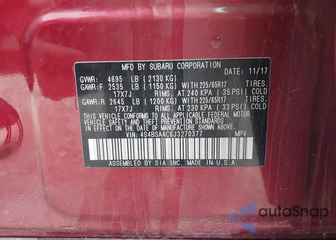 2018 Subaru Outback 2.5I из США, поврежденный, VIN 4S4BSAAC6J3270377